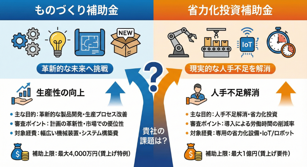 もう迷わない！ものづくり補助金 vs 省力化投資補助金。５つの違いから自社に最適な補助金を見つける方法